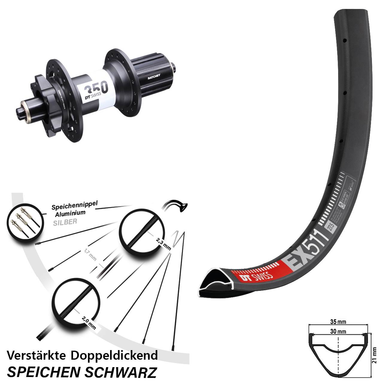 29 Zoll DT Swiss EX 511- 350 Ratchet 36 Disc Laufrad für Schnellspanner 8-11 fach HG