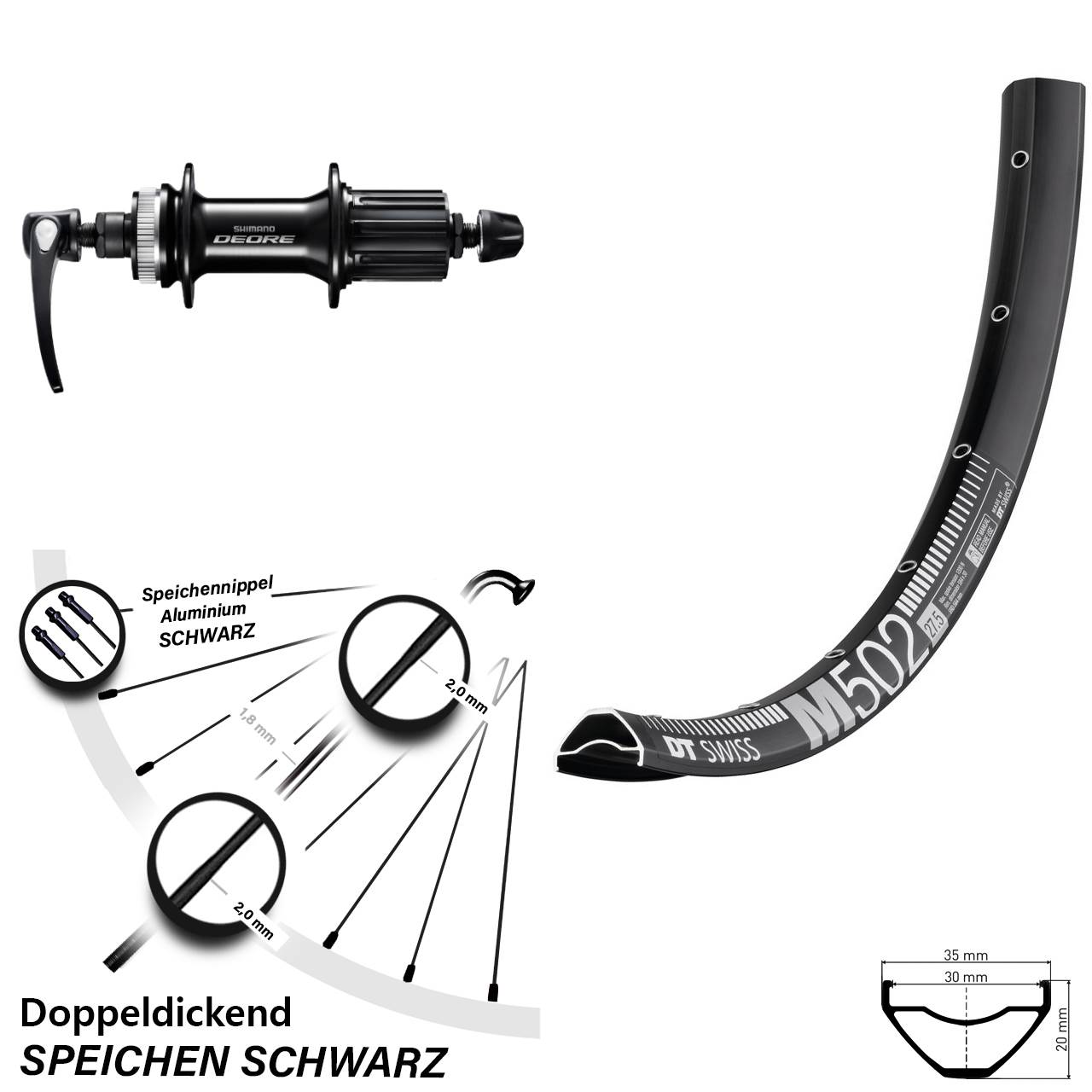 27,5 Zoll DT Swiss M502 Shimano FH-M6000 Disc Hinterrad QR 8-11 fach HG