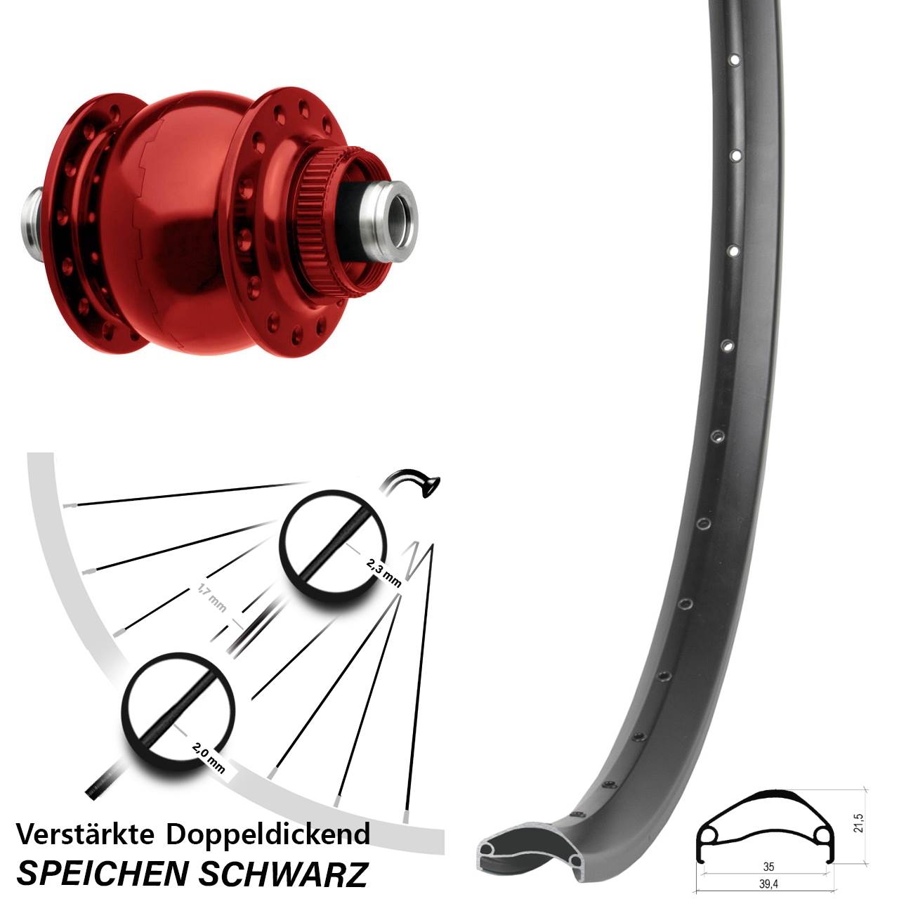 Nabendynamovorderrad Centerlock 12x100 27,5 Zoll Ambrosio E35 SON 28 rot