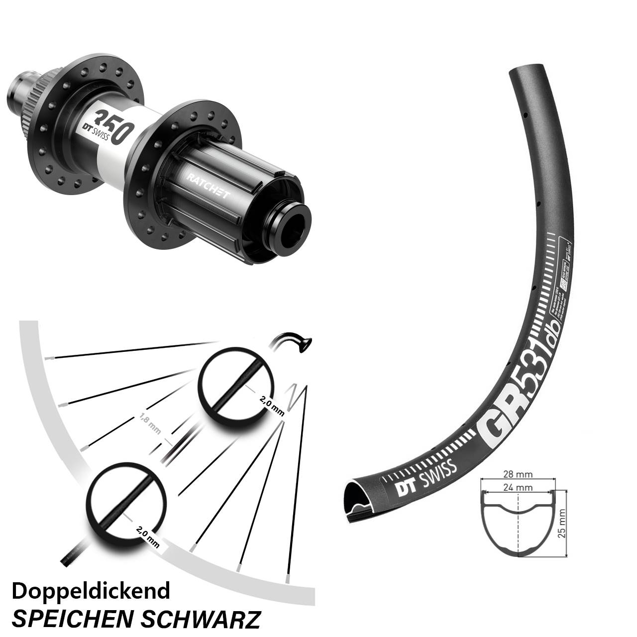 28 Zoll DT Swiss GR 531-350 Disc Laufrad 12x142 8-11 fach