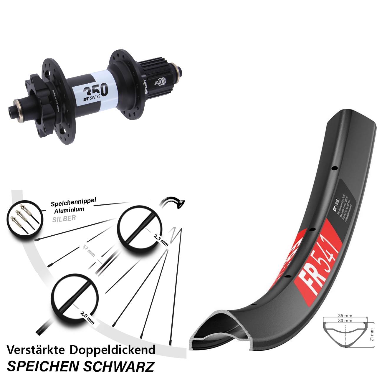 DT Swiss FR 541-350 Ratchet 36 27,5 Zoll 6-Loch Hinterrad QR Boost Micro Spline