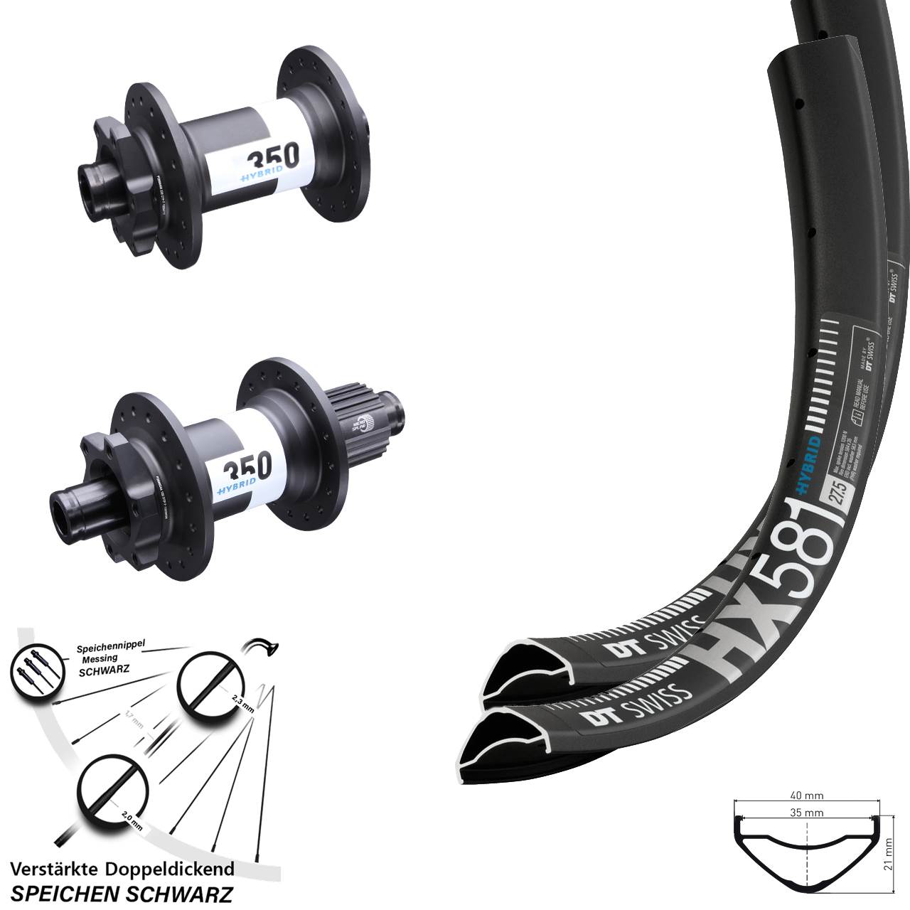 27,5 Zoll HX581 DT Swiss 350 Hybrid Laufradsatz 15x110 12x148 Micro Spline
