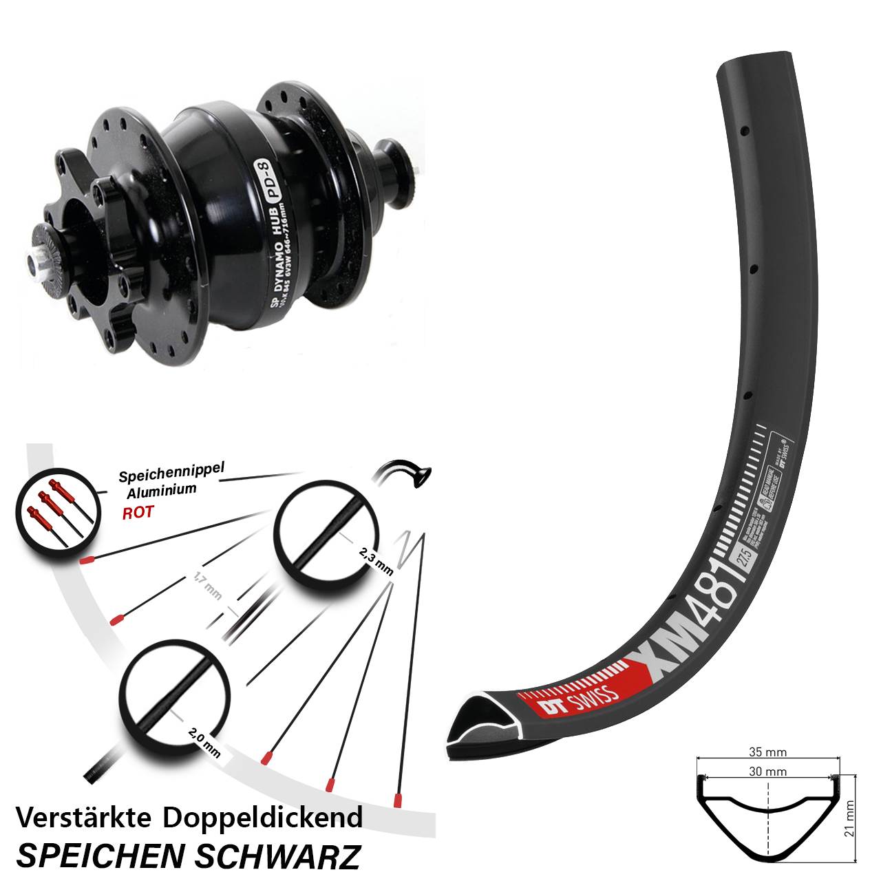 Disc Nabendynamolaufrad für Schnellspanner 27,5 Zoll DT Swiss XM481 Shutter PD-8