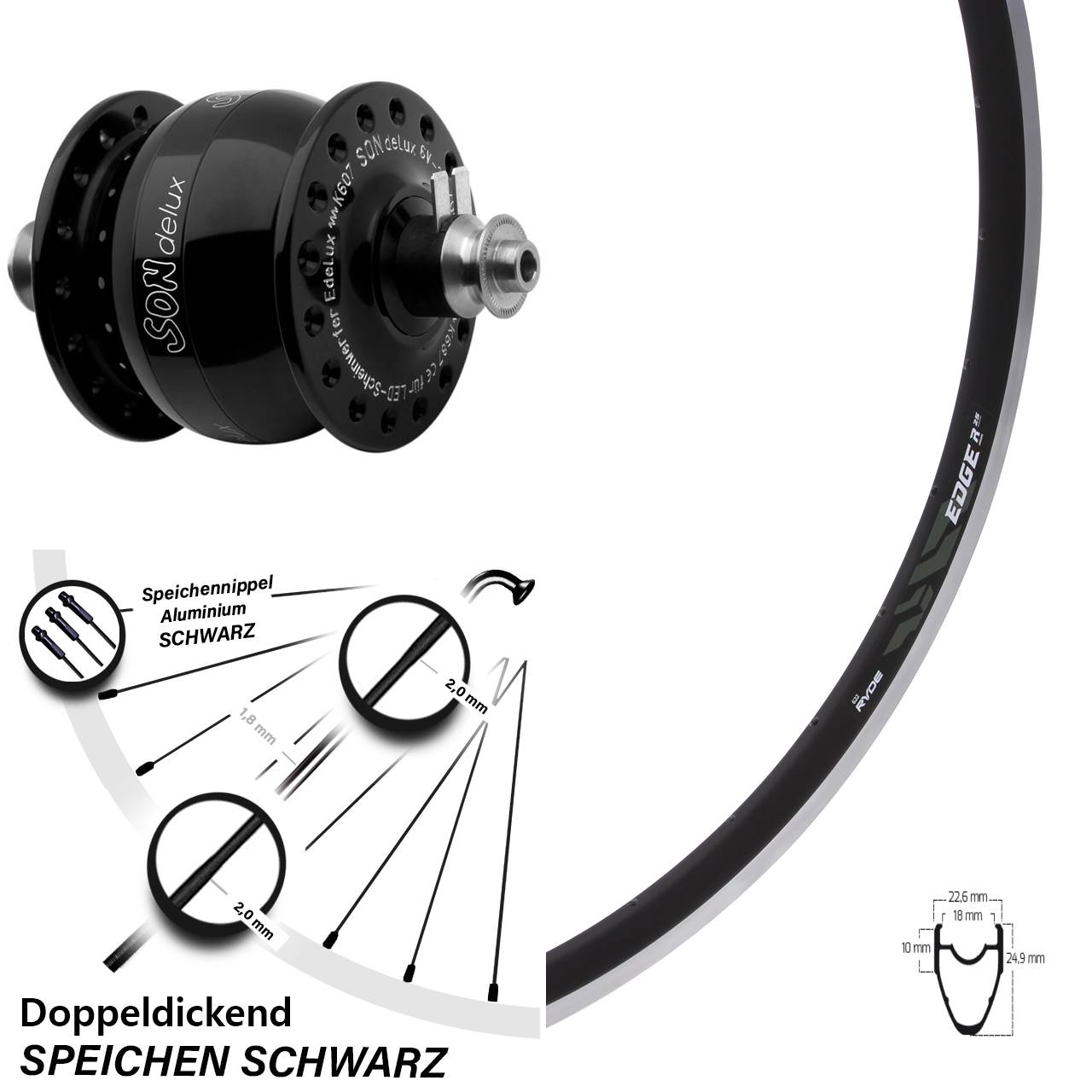 Ryde Edge R25 Rennrad Felgenbremse Dynamo SON delux schwarz Vorderrad 28 Zoll