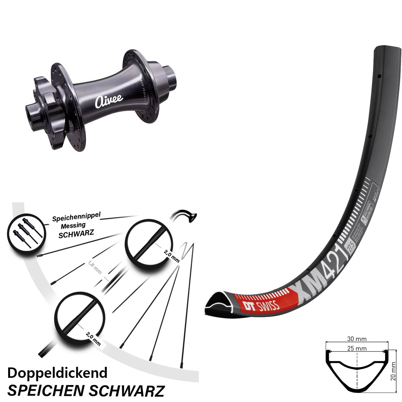 Laufrad 27,5 Zoll DT Swiss XM 421 Disc Aivee Classic 15x110 6-Loch