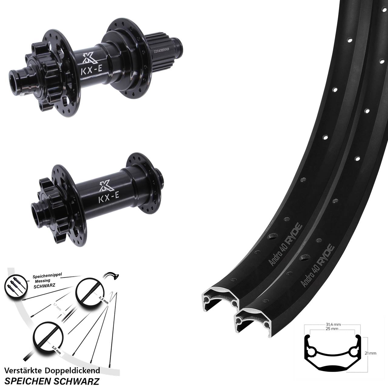 27,5 Zoll Ryde Andra 40 KX-E Heavy Duty Boost Disc Laufradsatz 15x110 12x148 Micro Spline