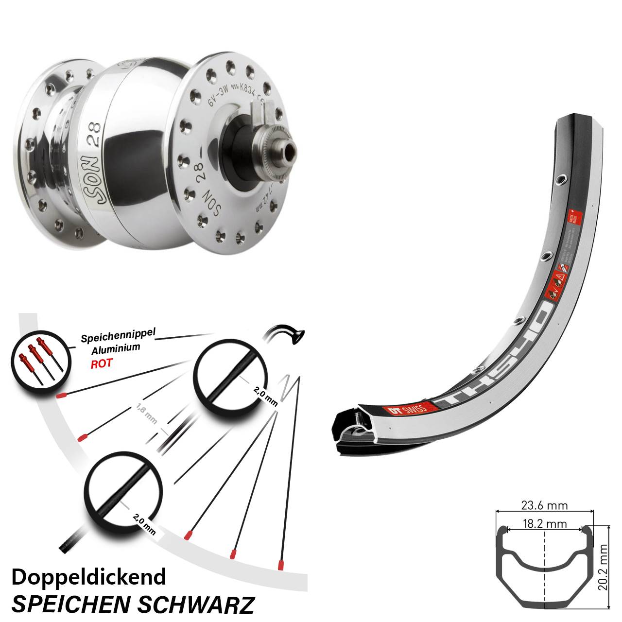 Nabendynamo-Vorderrad SON 28 Zoll DT Swiss TK 540 für Schnellspanner
