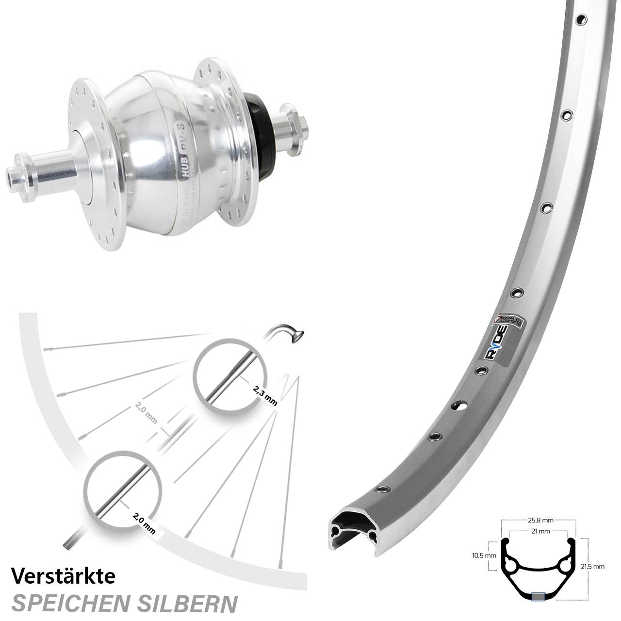 Nabendynamo Ryde ZAC 421 Vorderrad 28 Zoll silbern