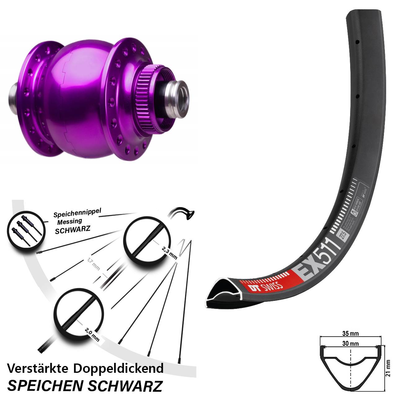 27,5 Zoll DT Swiss EX 511 SON 28 violett Dynamo-Vorderrad Centerlock 12x100