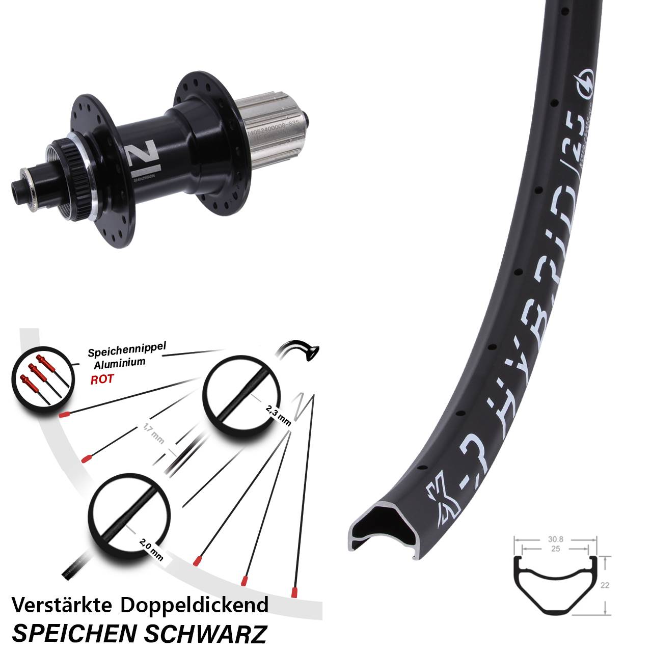 Hinterrad Centerl. für Schnellspanner 26 Zoll KX-R Hybrid 25 Novatec D042 8-12 fach
