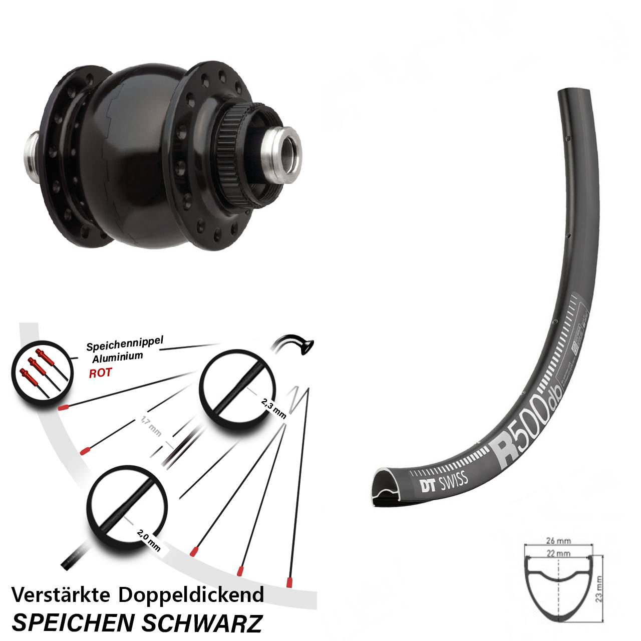 verstärktes Nabendynamolaufrad SON 28 DT Swiss R 500 28-29 Zoll für 12x100 mm Steckachse