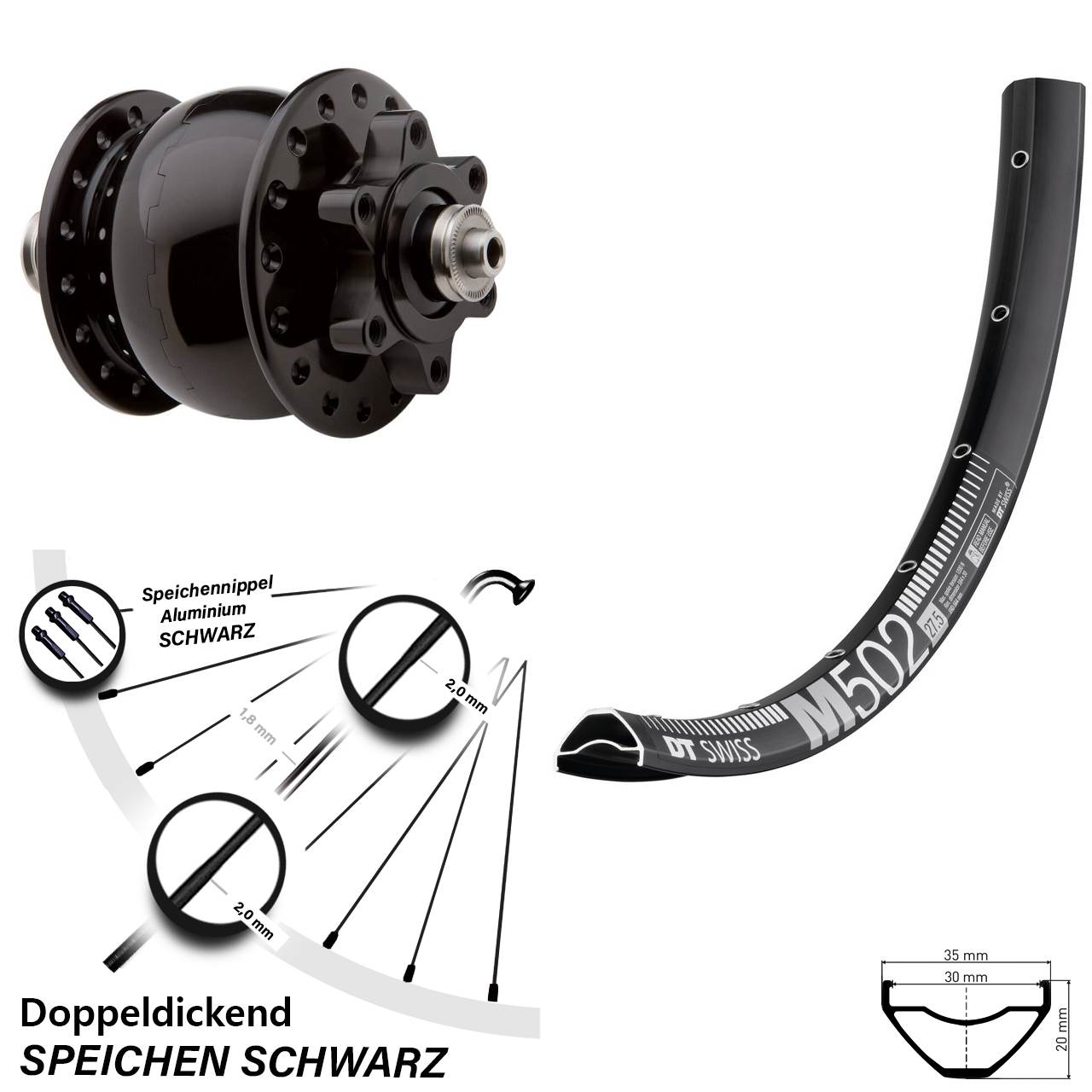 29 Zoll Nabendynamo Vorderrad DT Swiss M 502 SON 28 6-Loch schwarz