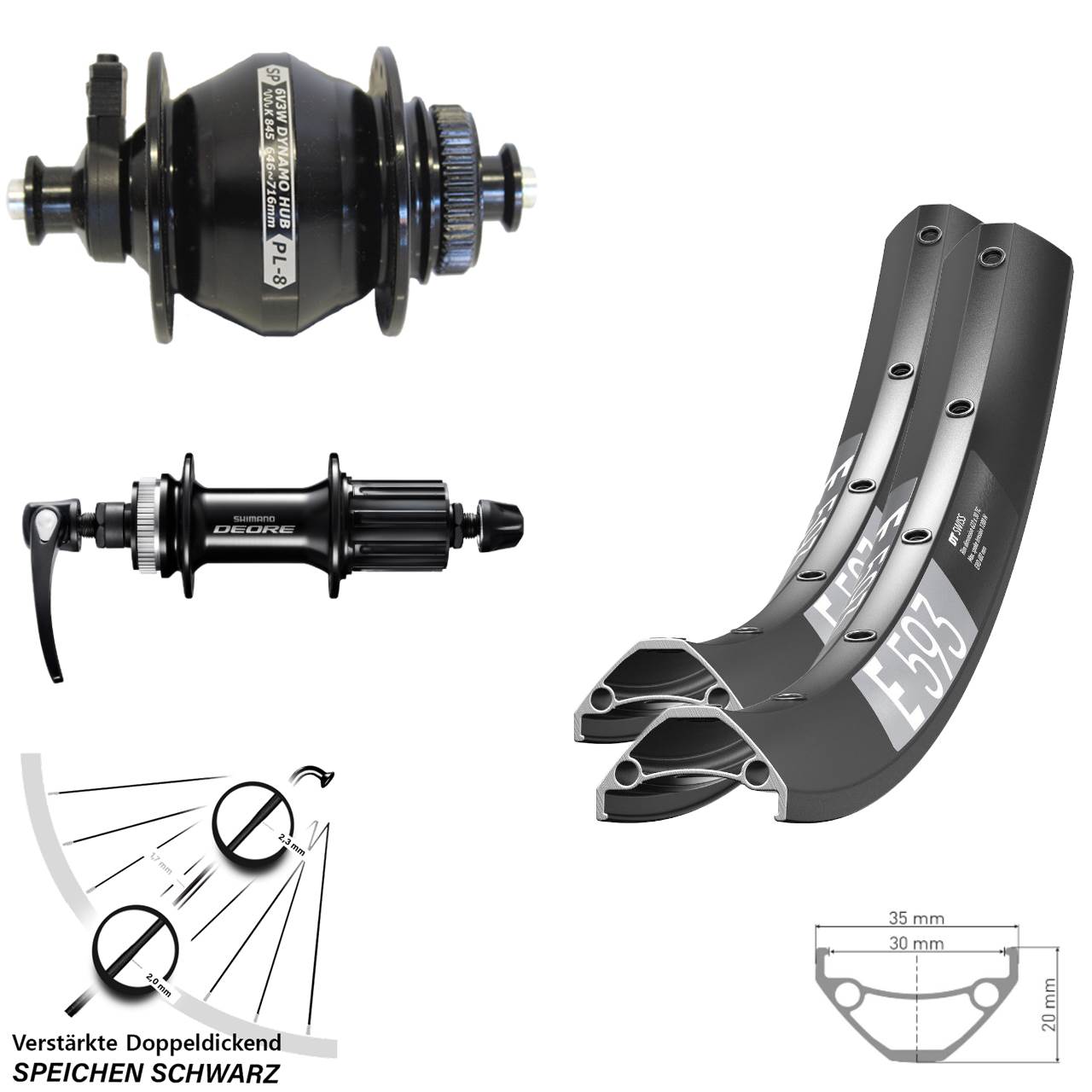 29 Zoll DT Swiss E 593 Shimano Deore Shutter PL-8 Centerlock Laufradsatz QR 8-11 fach