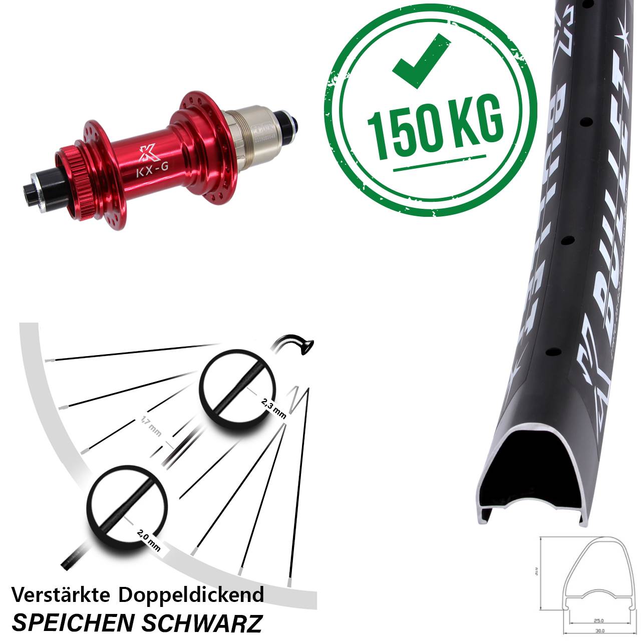 Centerlock Hinterrad für Schnellspanner 28 Zoll KX-G Bullet OS rot SRAM XDR