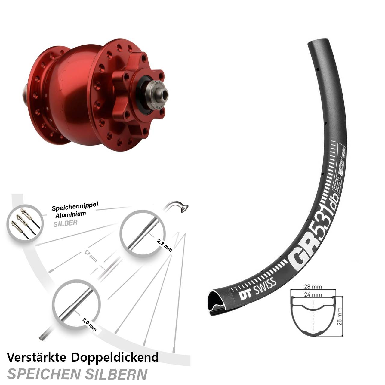 DT Swiss GR531 SON 28-29 Zoll rot Disc Nabendynamolaufrad für Schnellspanner