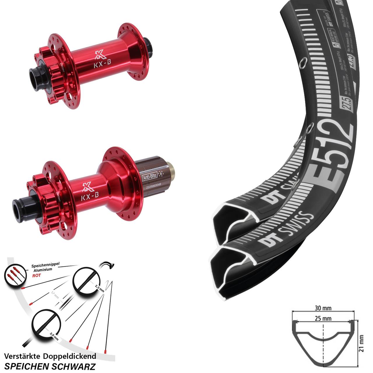27,5 Zoll DT Swiss E 512 KX-B rot 6-Loch Laufradsatz 15x110 12x148 8-12 fach