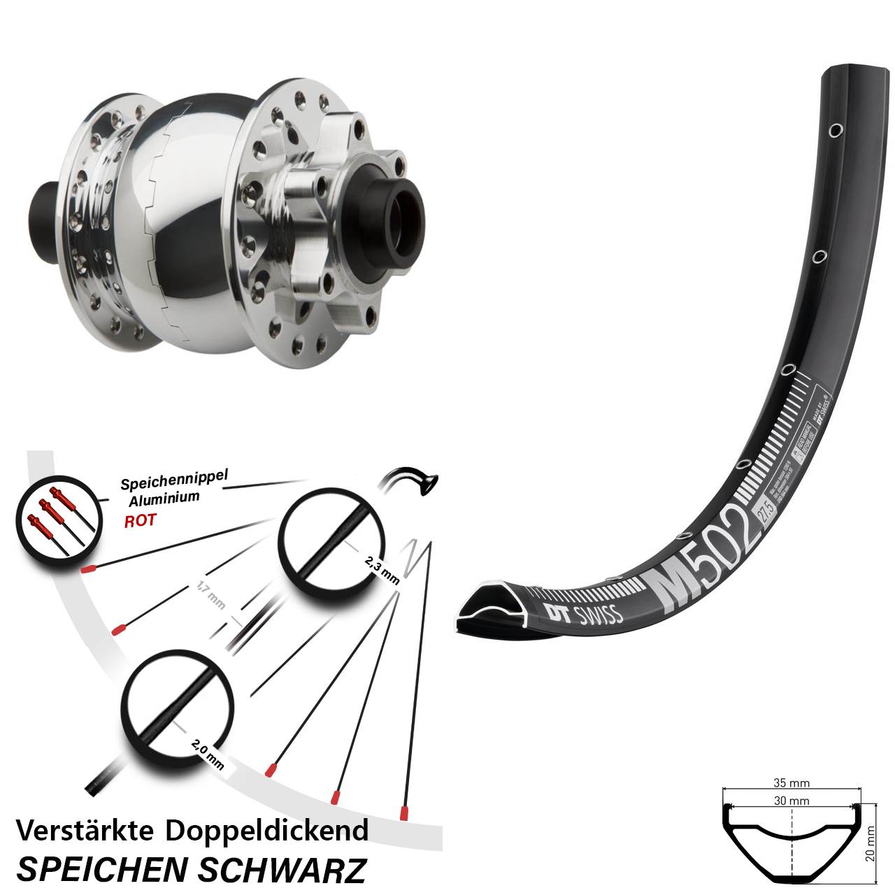 Disc Vorderrad mit Nabendynamo 29 Zoll DT Swiss M502 SON 28 poliert 15x100