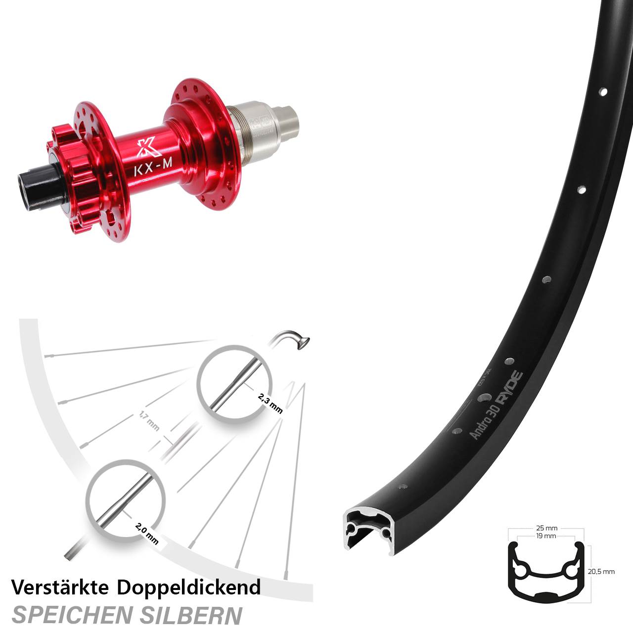 Disc Hinterrad 12x142 29 Zoll Ryde Andra 30 KX-M rot XD