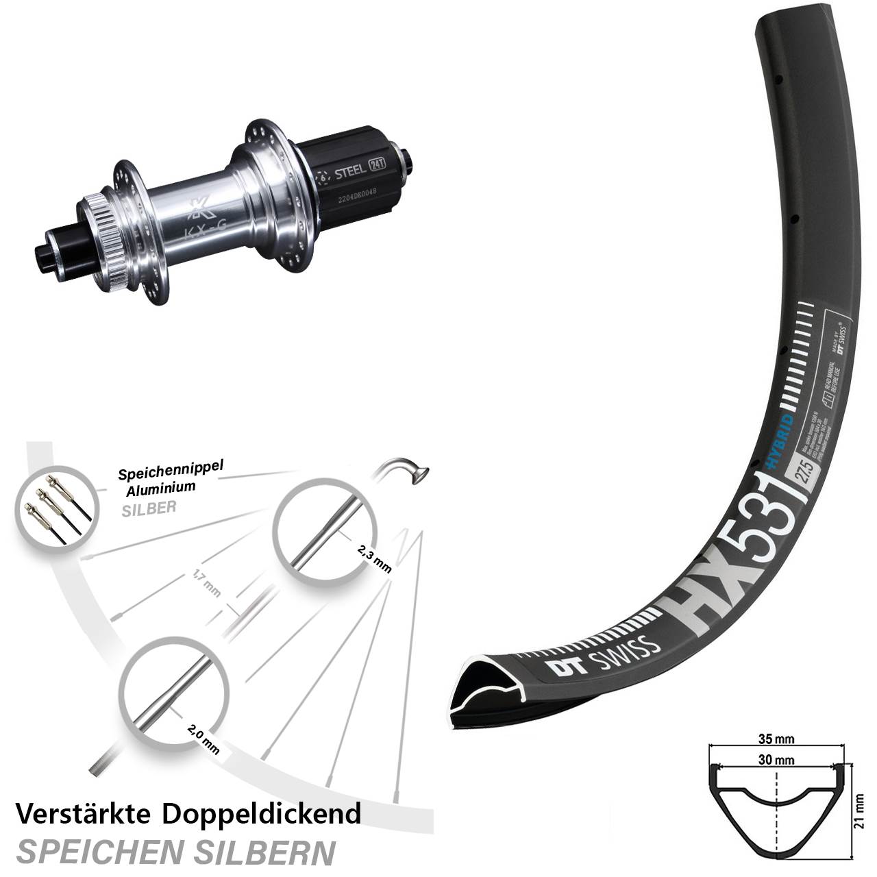 29 Zoll DT Swiss HX531 KX-GS Hinterrad Centerlock Schnellspanner 8-12 fach