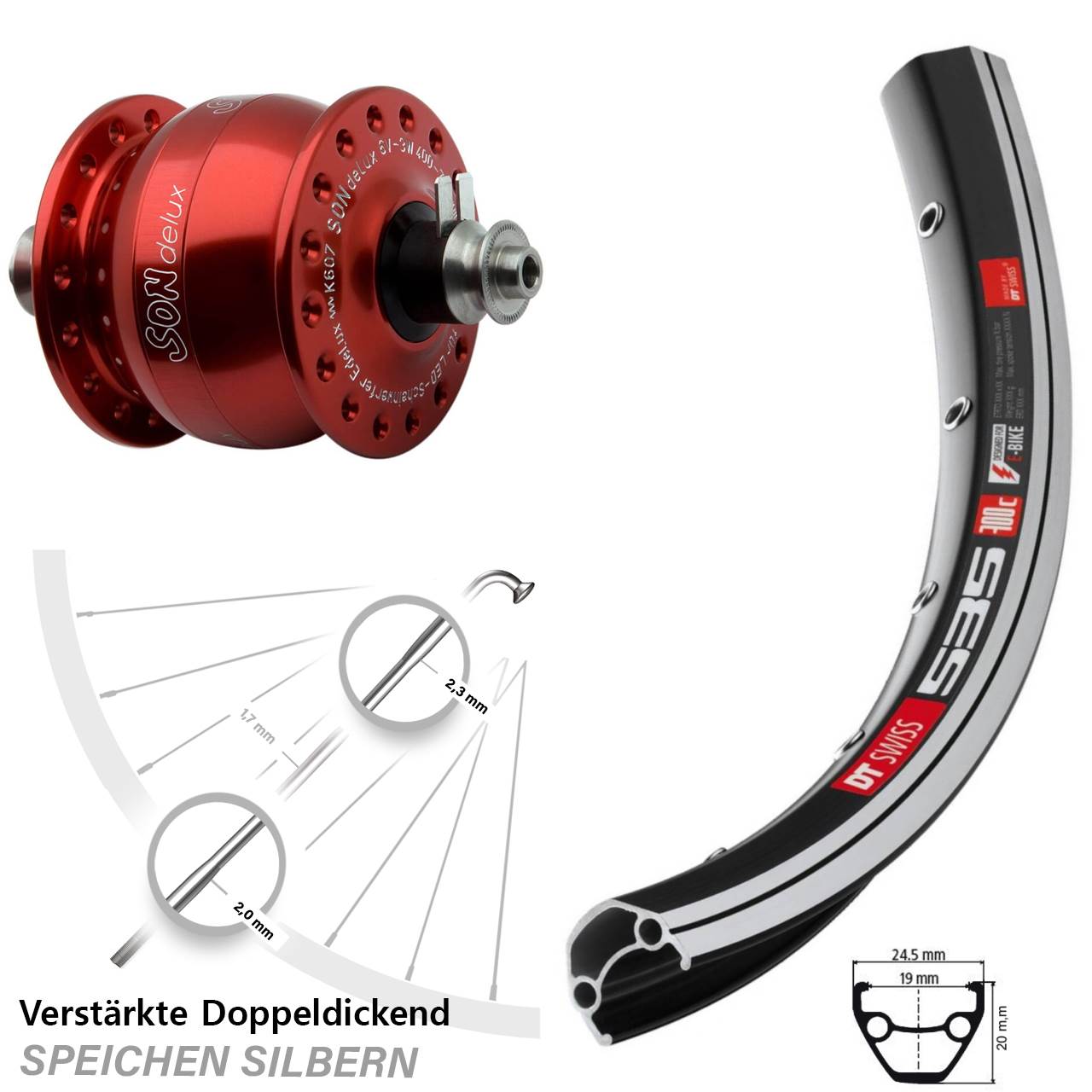 Nabendynamo rot eloxiert SON Delux 28 Zoll DT Swiss 535 Vorderrad verstärkt