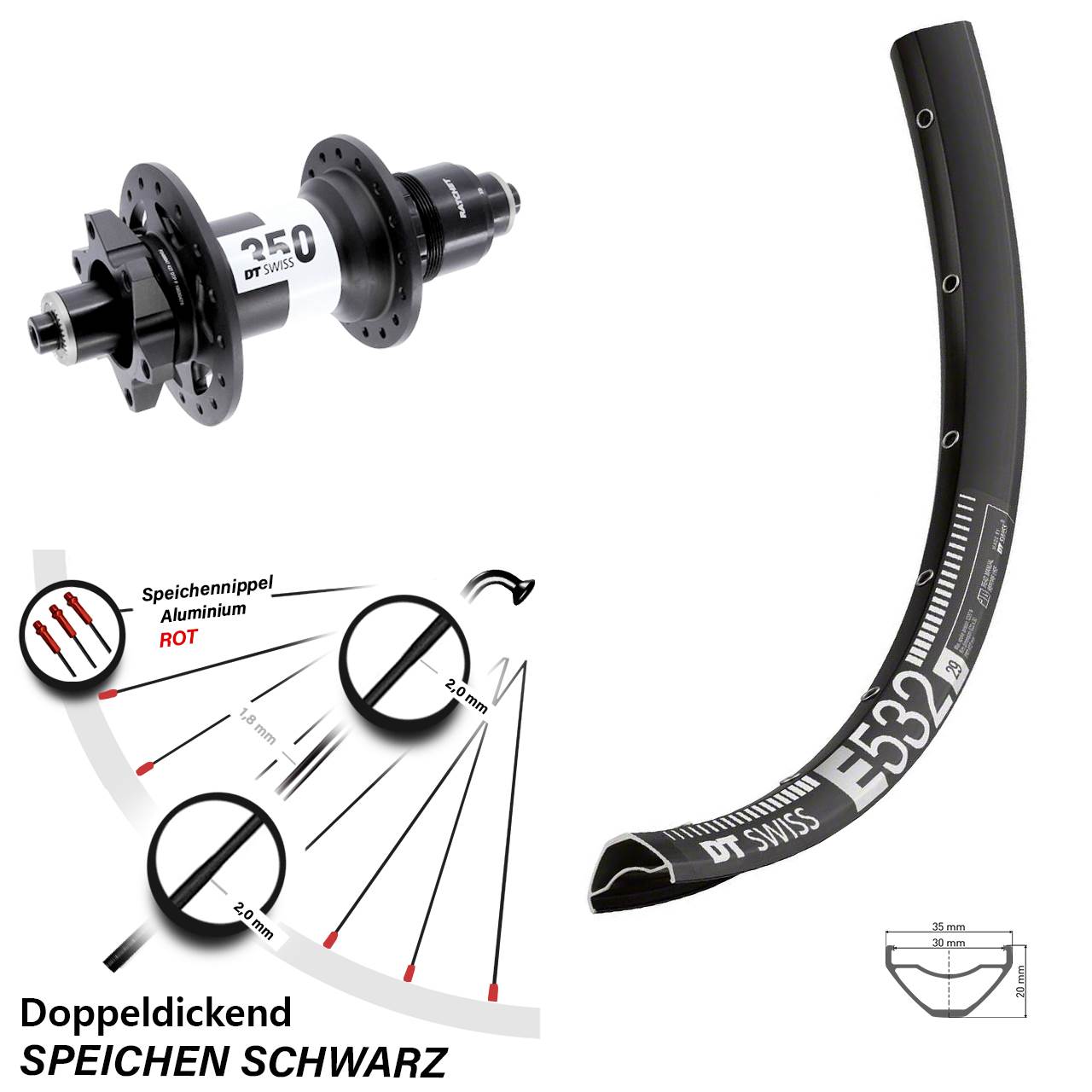 DT Swiss E 532-350 27,5 Zoll Disc Hinterrad für Schnellspanner Boost XD