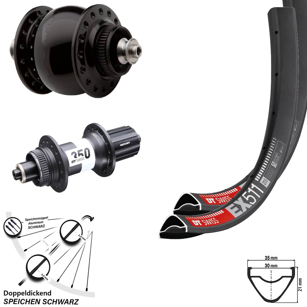29 Zoll DT Swiss EX511-350 Ratchet 36 SON 28 Laufradsatz QR 8-11 fach