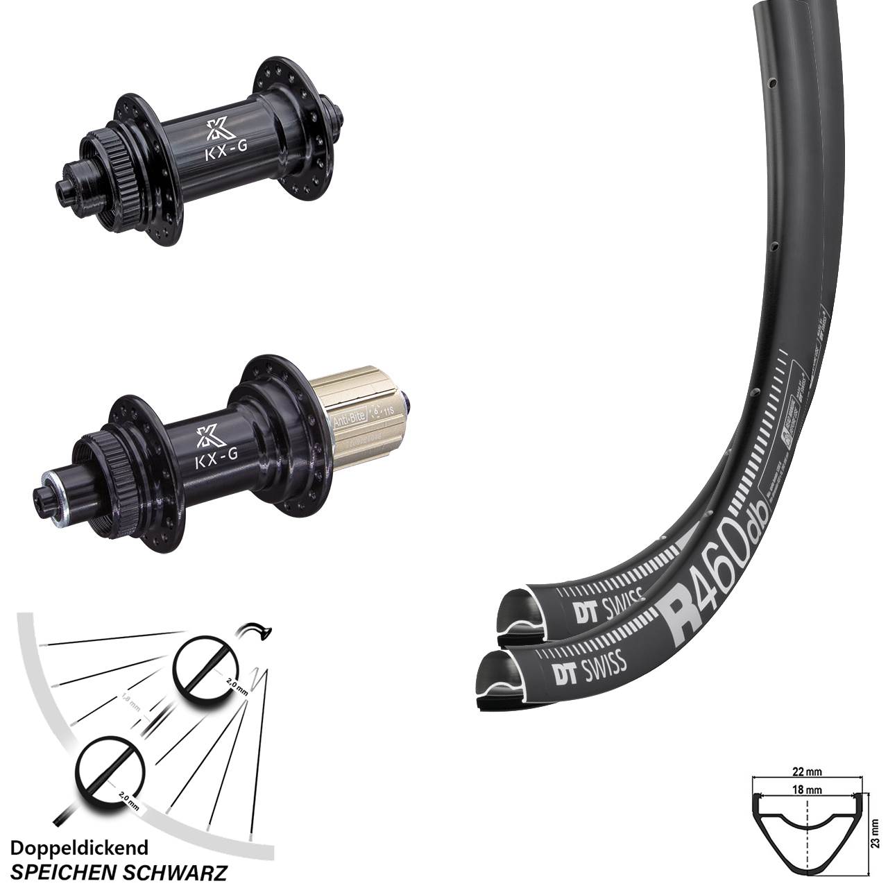 Laufradsatz 28 Zoll Road Disc KX-G Nabe Centerlock 100/135 mm 8-12 fach DT Swiss R 460