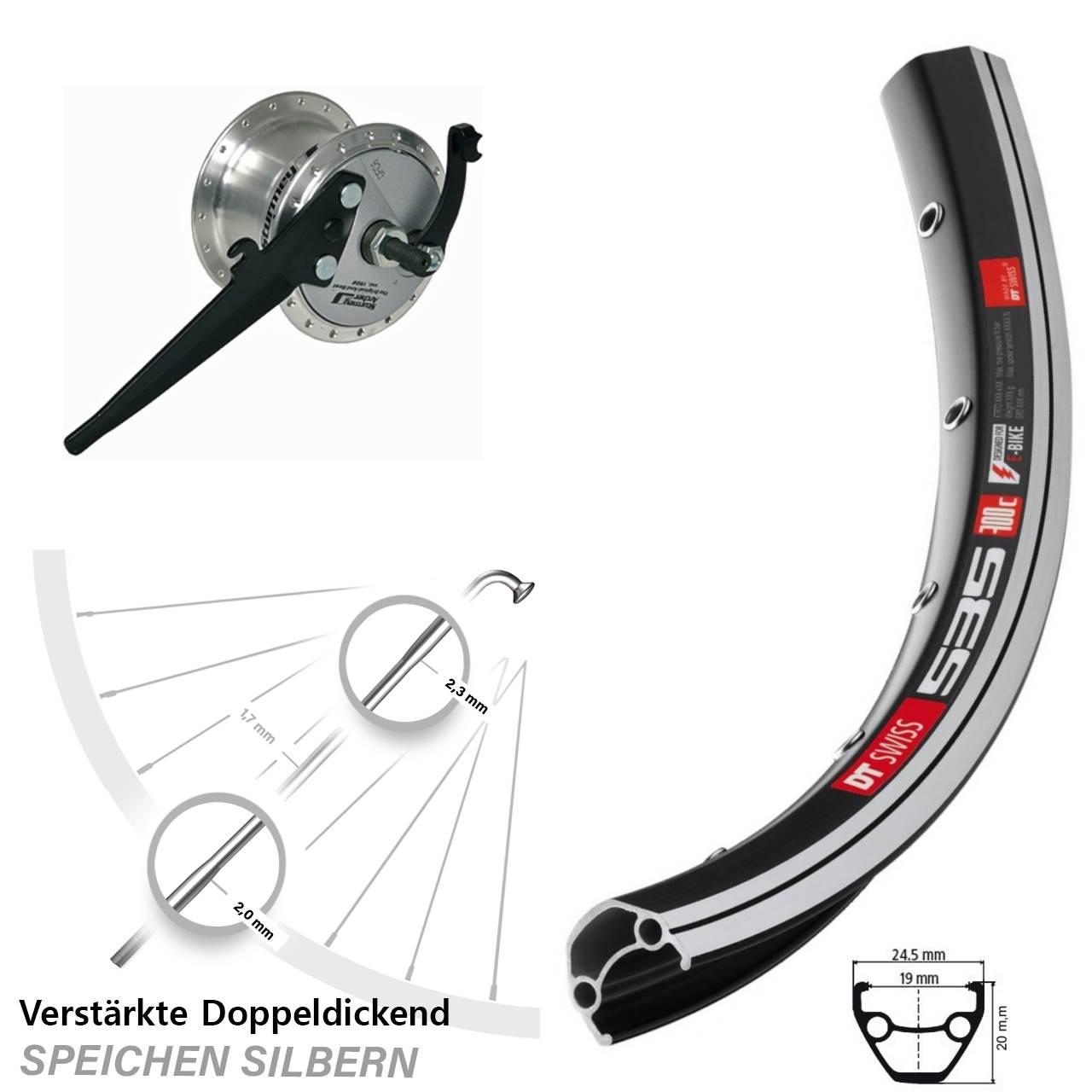 28 Zoll DT Swiss 535 Sturmey Archer X-FDD 189 Vorderrad mit Nabendynamo Vollachse