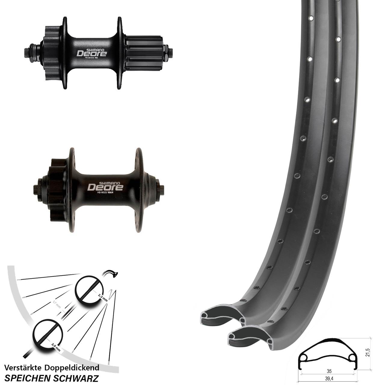 6-Loch Laufradsatz QR 27,5 Zoll Ambrosio E35 Shimano Deore HB-M525 FH-M525 8-11 fach