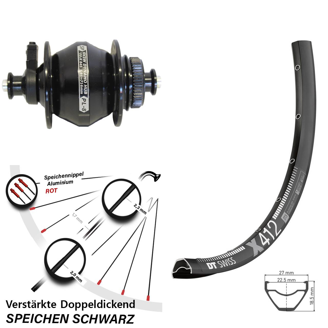 Disc 29 Zoll Vorderrad mit Nabendynamo QR DT Swiss X412 Shutter Precision PL-8