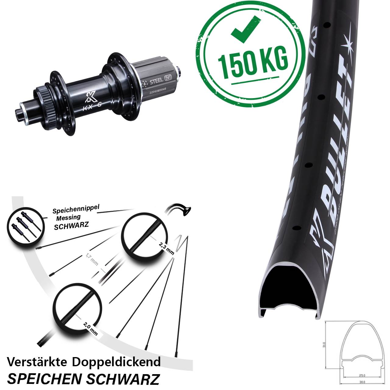 KX-GS Bullet verstärkt 28-29 Zoll Hinterrad Centerlock QR 8-12 fach HG