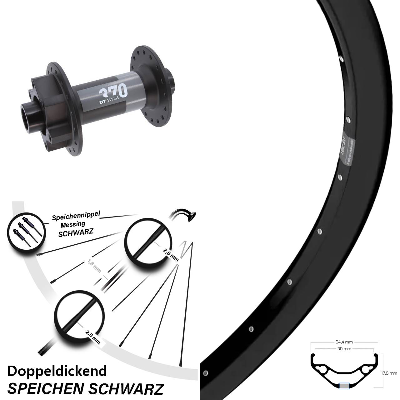 Vorderrad 6-Loch 29 Zoll Ryde Disc 30 DT Swiss 370 15x110 Boost