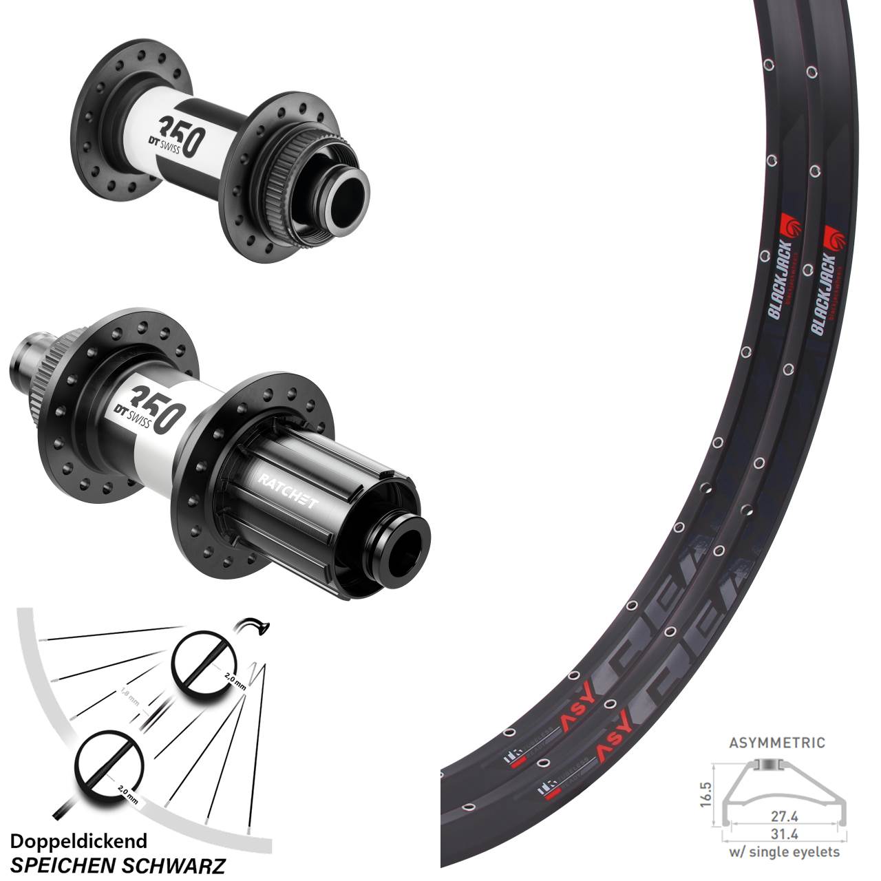 Laufradsatz 27,5 Zoll Rodi Ready 27 DT Swiss 350 Ratchet 36 Steckachse Shimano HG