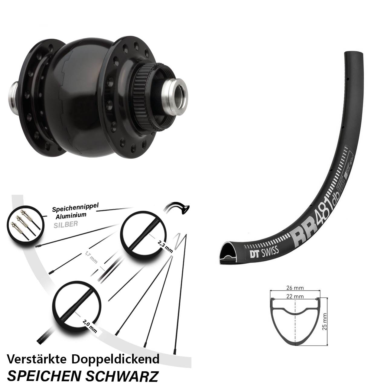 28 Zoll Nabendynamo Vorderrad DT Swiss RR 481 DB SON delux für Steckachse schwarz