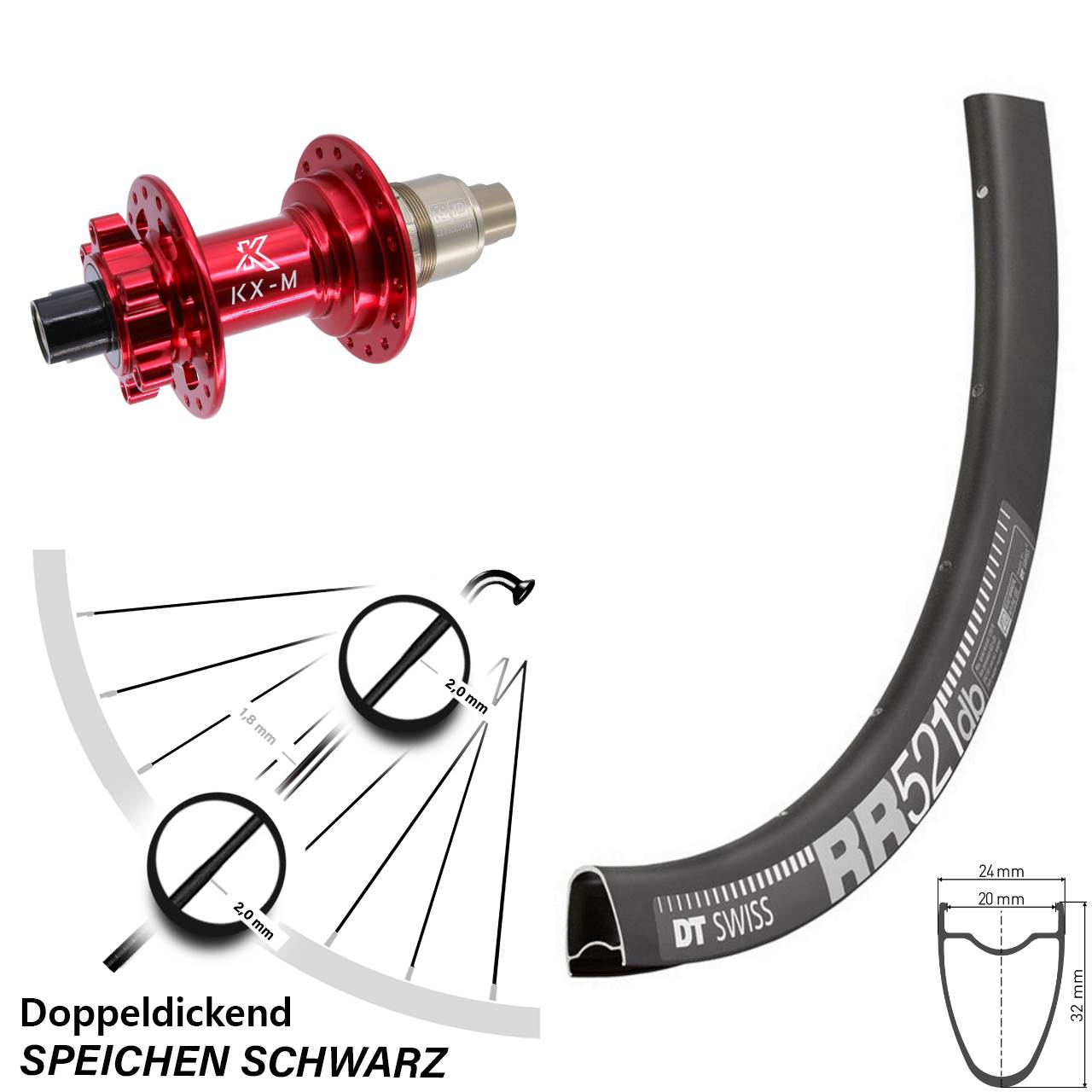 6-Loch Hinterrad 12x142 28 Zoll DT Swiss RR521 KX-M rot SRAM XD