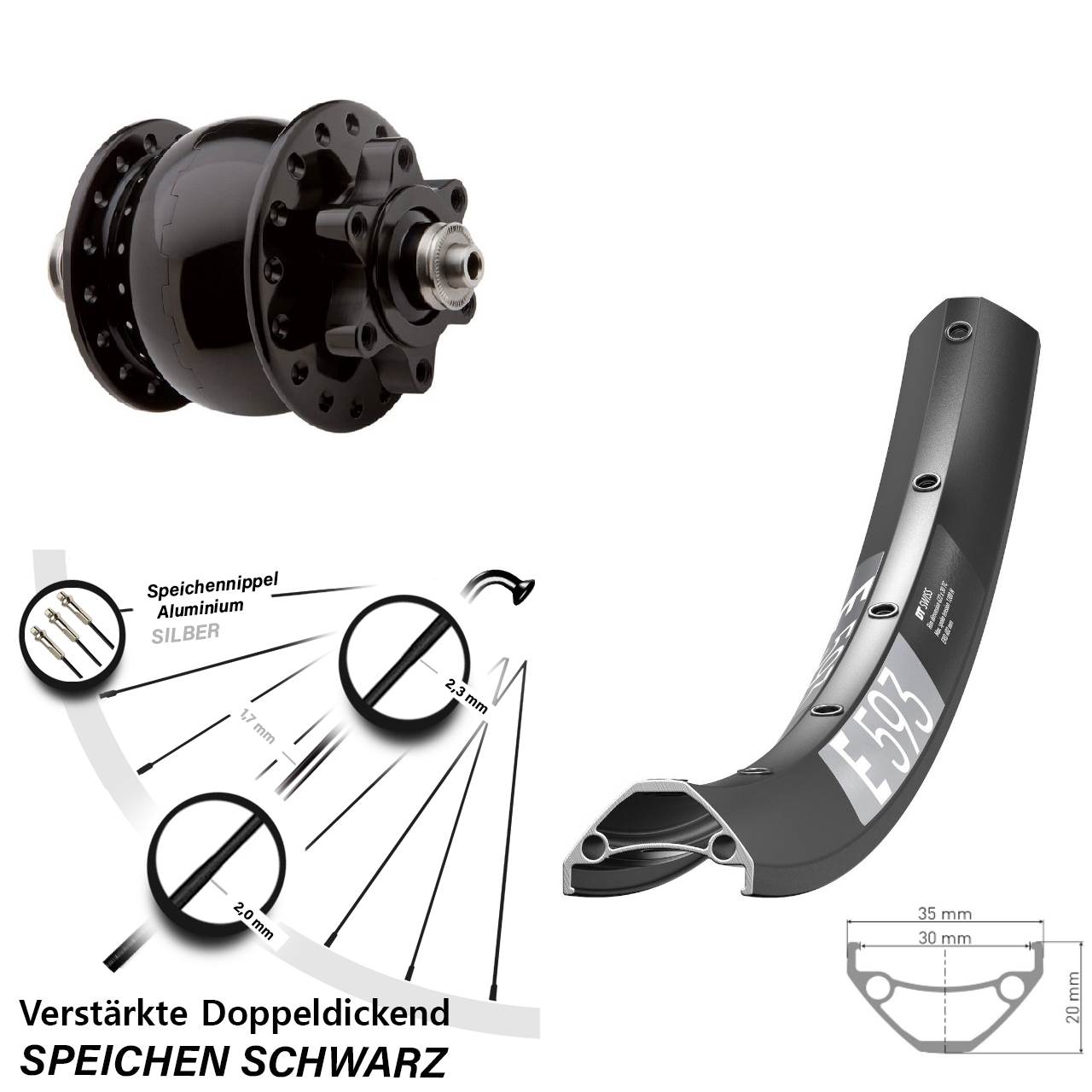 Nabendynamovorderrad 6-Loch 29 Zoll DT Swiss E593 SON 28 für Schnellspanner