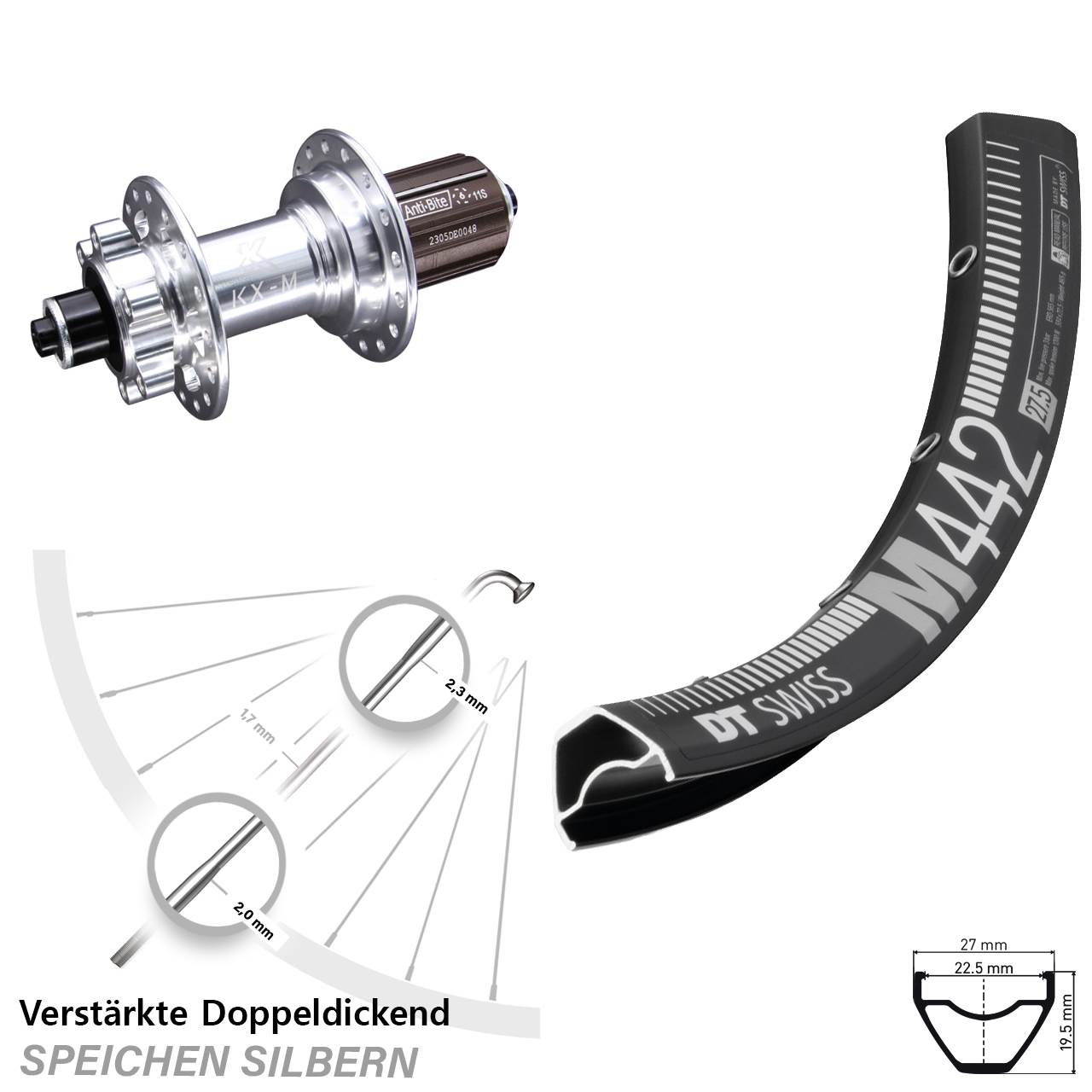 28-29 Zoll DT Swiss M442 KX-M Disc Hinterrad für Schnellspanner 8-12 fach