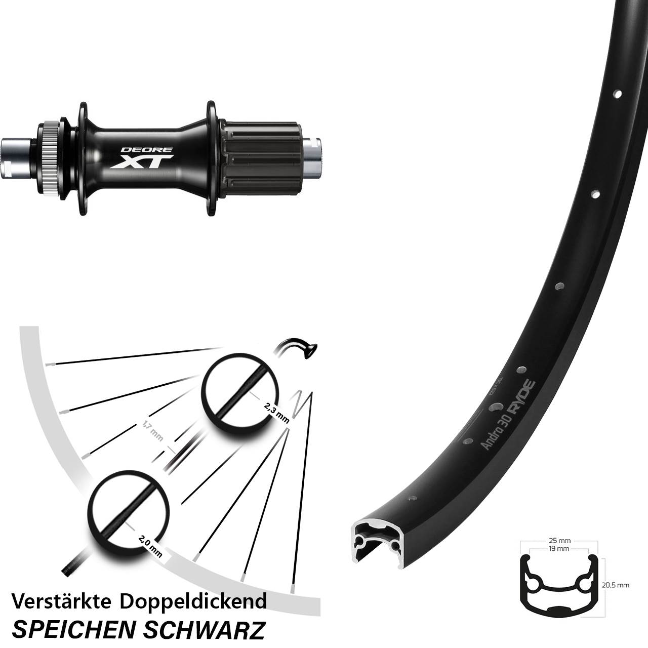 28-29 Zoll Ryde Andra 30 Shimano XT FH-M8010-B Disc Hinterrad 12x148 8-11 fach HG