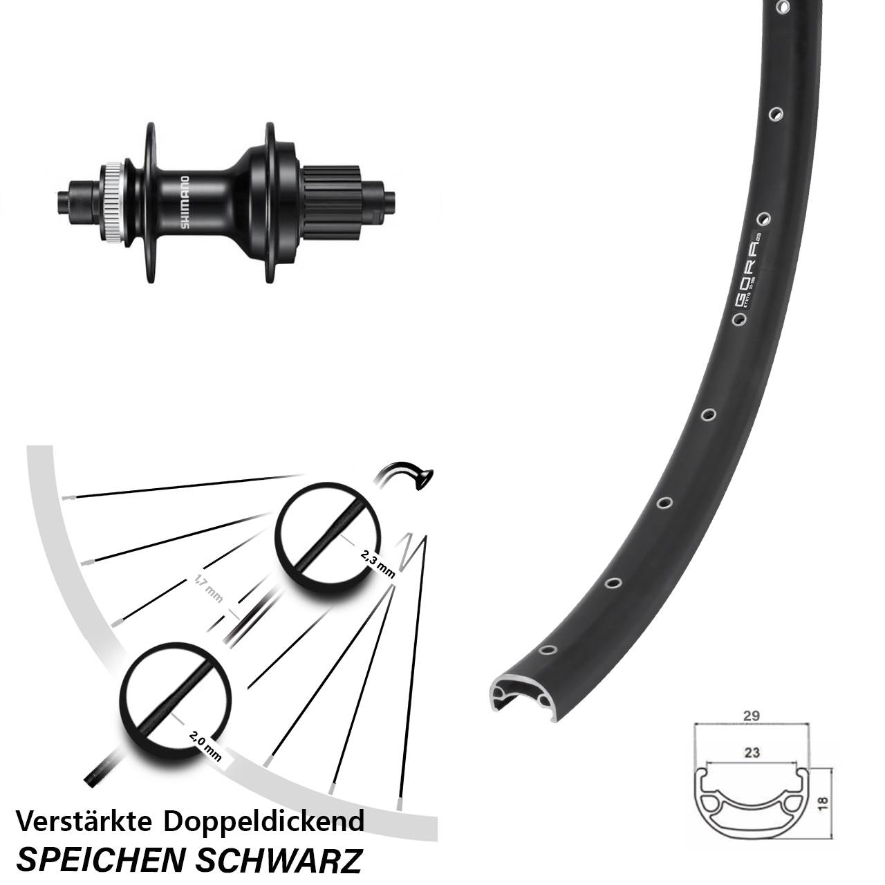 29 Zoll Gora 23 Shimano FH-MT500 Disc Laufrad QR Micro Spline