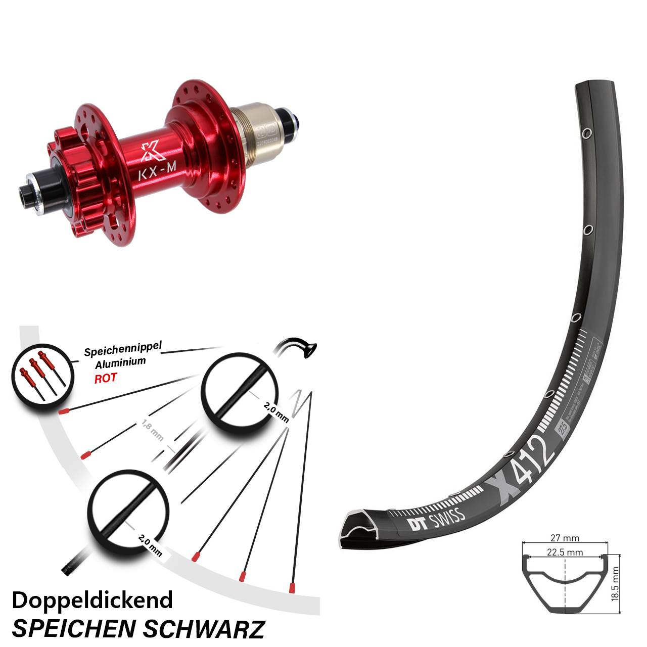 Hinterrad 6-Loch 28 Zoll DT Swiss X412 KX-M rot XD 11-12 fach QR