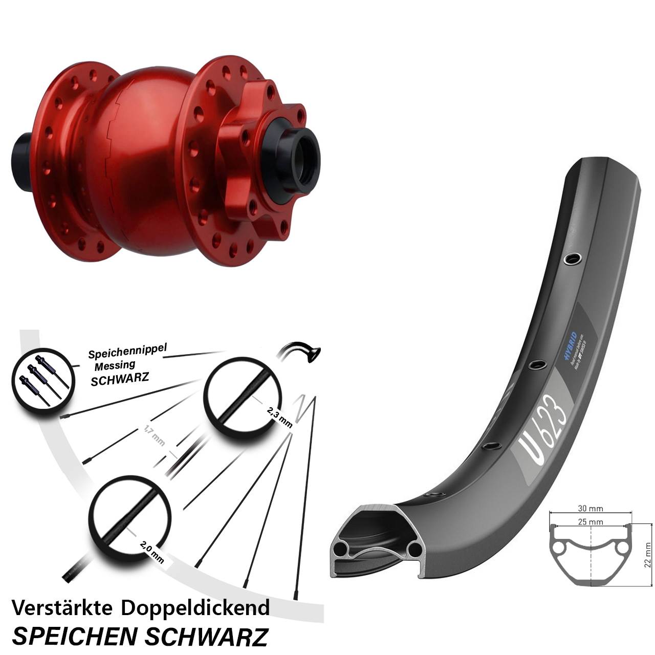 SON 28 rot DT Swiss U623 28 Zoll Disc Vorderrad mit Nabendynamo 15x110 Boost