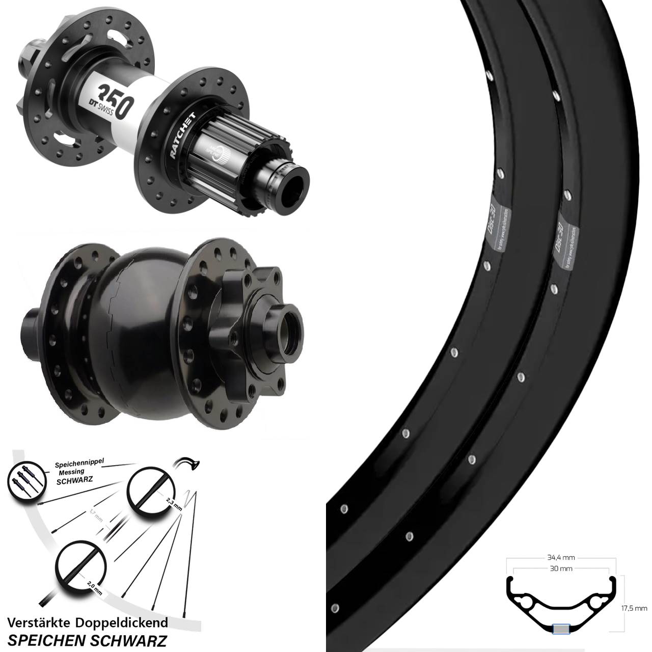 29 Zoll Ryde Disc 30 DT Swiss 350 SON 28 Laufrad-Satz 15x110 12x148 Micro Spline