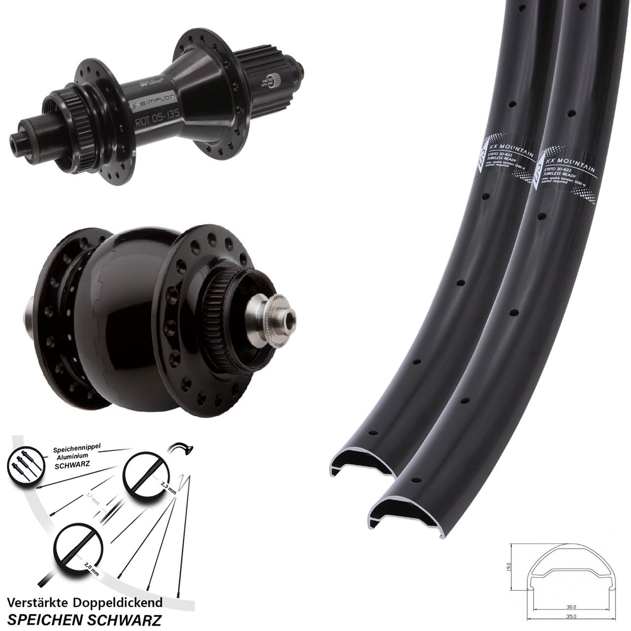 29 Zoll KX Mountain TR DT Swiss 370 Hybrid SON delux Disc Laufrad-Satz QR Micro Spline