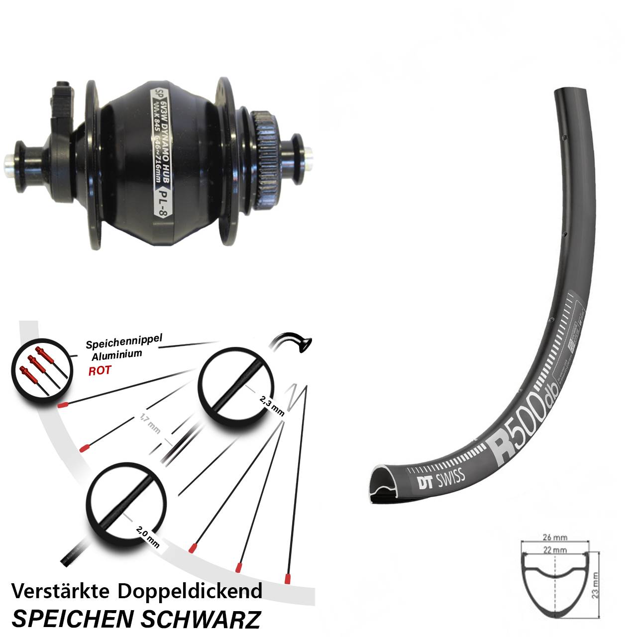 29 Zoll DT Swiss R 500 Shutter PL-8 Disc Nabendynamovorderrad für Schnellspanner