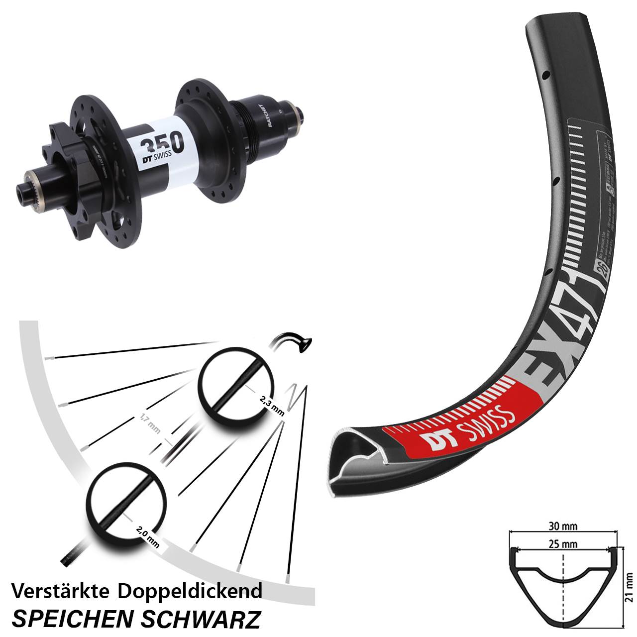 26 Zoll DT Swiss EX471 350 6-Loch Hinterrad für Schnellspanner XD