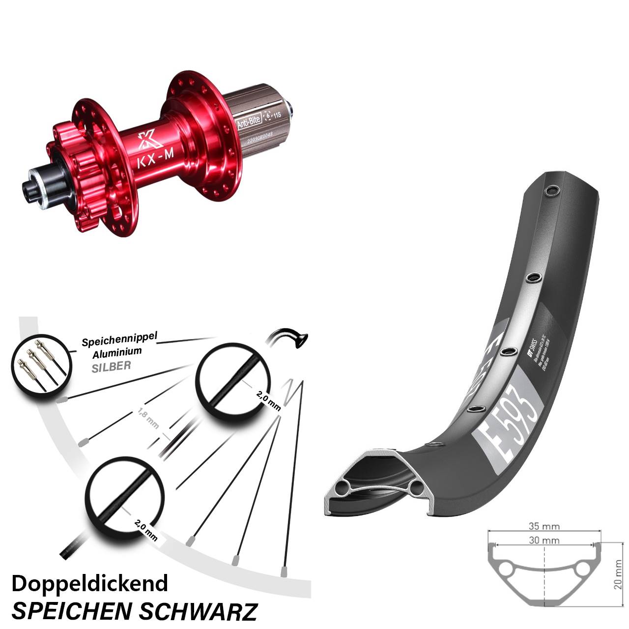 DT Swiss E 593 KX-M rot 29 Zoll Hinterrad 6-Loch QR 8-12 fach