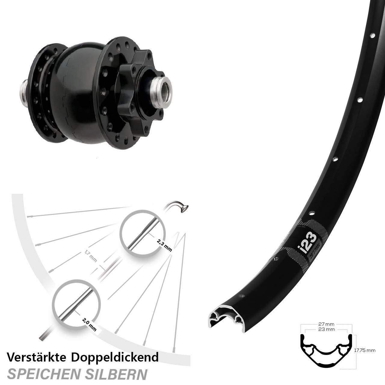 Nabendynamovorderrad 6-Loch 12x100 WTB i23 SON 28 Zoll