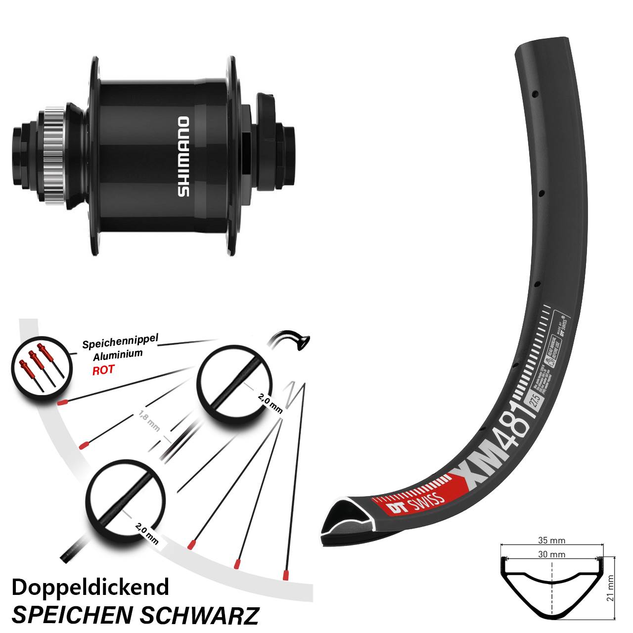 Nabendynamo-Vorderrad Centerlock 27,5 Zoll DT Swiss XM481 Shimano DH-UR708-3D 15x100
