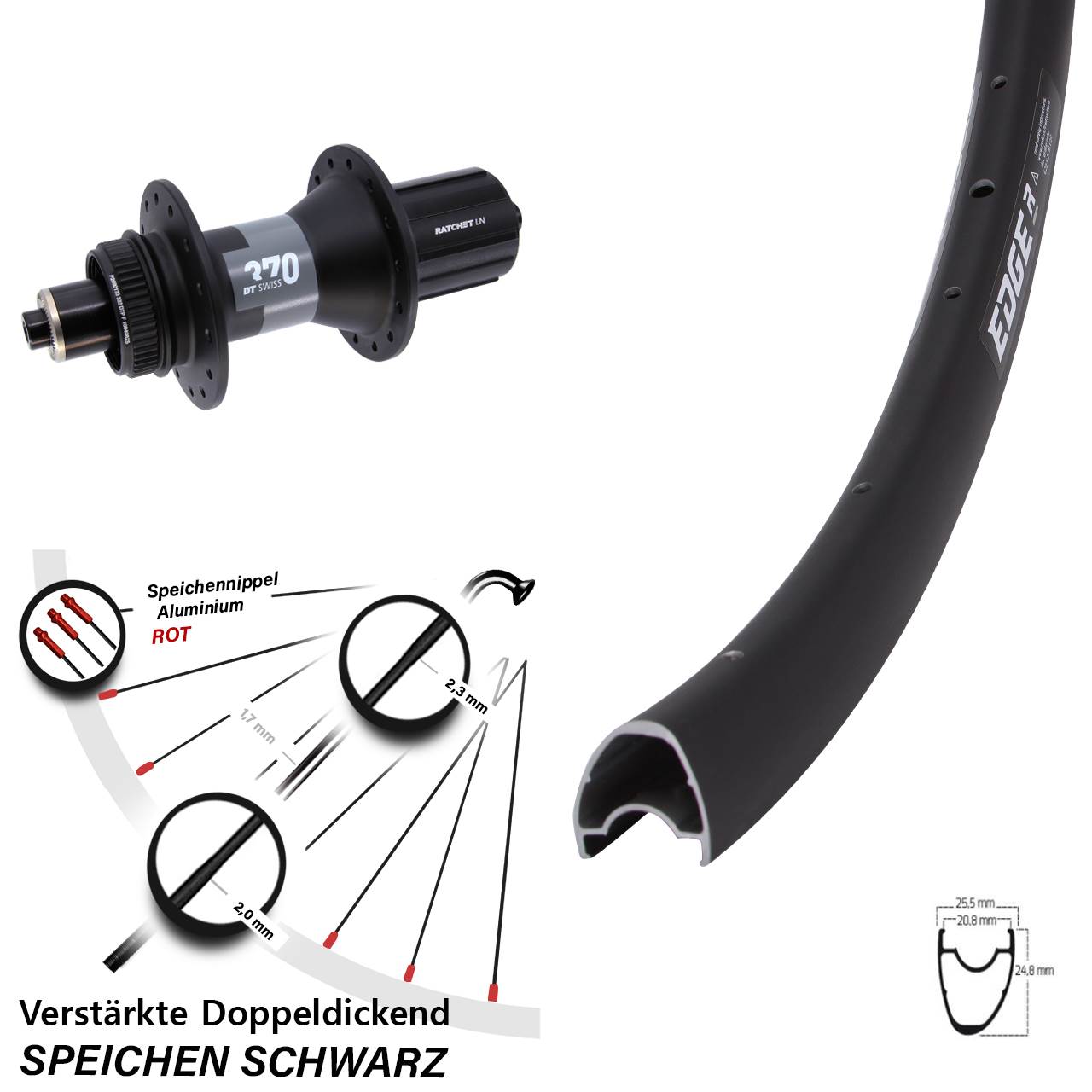 28 Zoll Ryde Edge R25 Offset DT Swiss 370 Disc Laufrad für Schnellspanner 8-12 fach