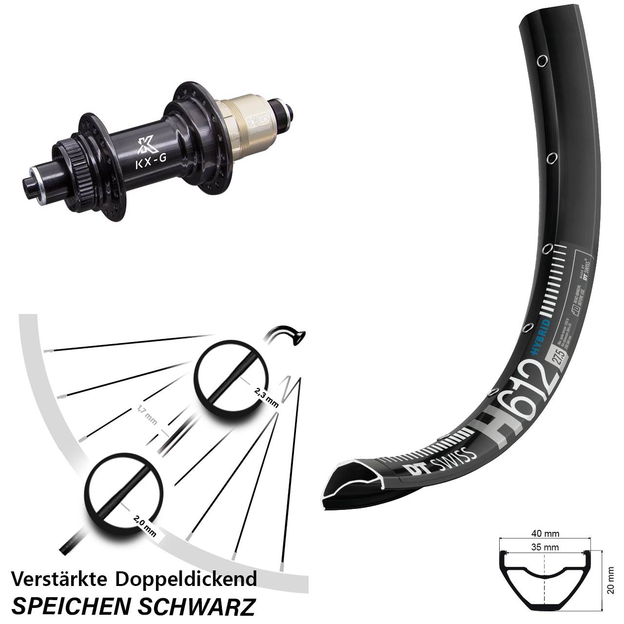 Centerlock Hinterrad 27,5 Zoll DT Swiss H612 KX-G XDR für Schnellspanner